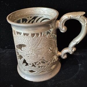 Ornate Dragon Pierced Pewter Mug with Hand Blown Glass Liner Marked KIMSOON